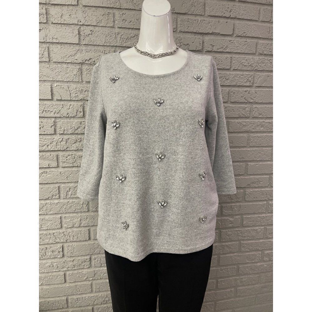 Suzy Shier Women Gray Embellished 3/4 Sleeve Sweater Size SP